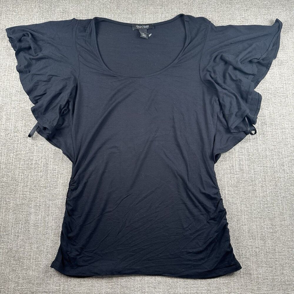 White House Black Market Top Womens M Black Flutter Sleeve Ruched Made in USA